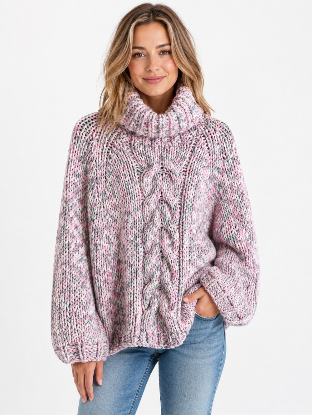 POL Pastel Marled Chunky Cable Knit Cowl Neck Oversized Sweater Small NWOT